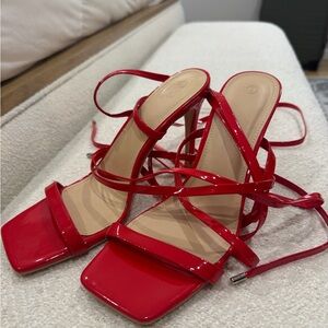 Red Strappy Lace Up Patent Heeled Sandals